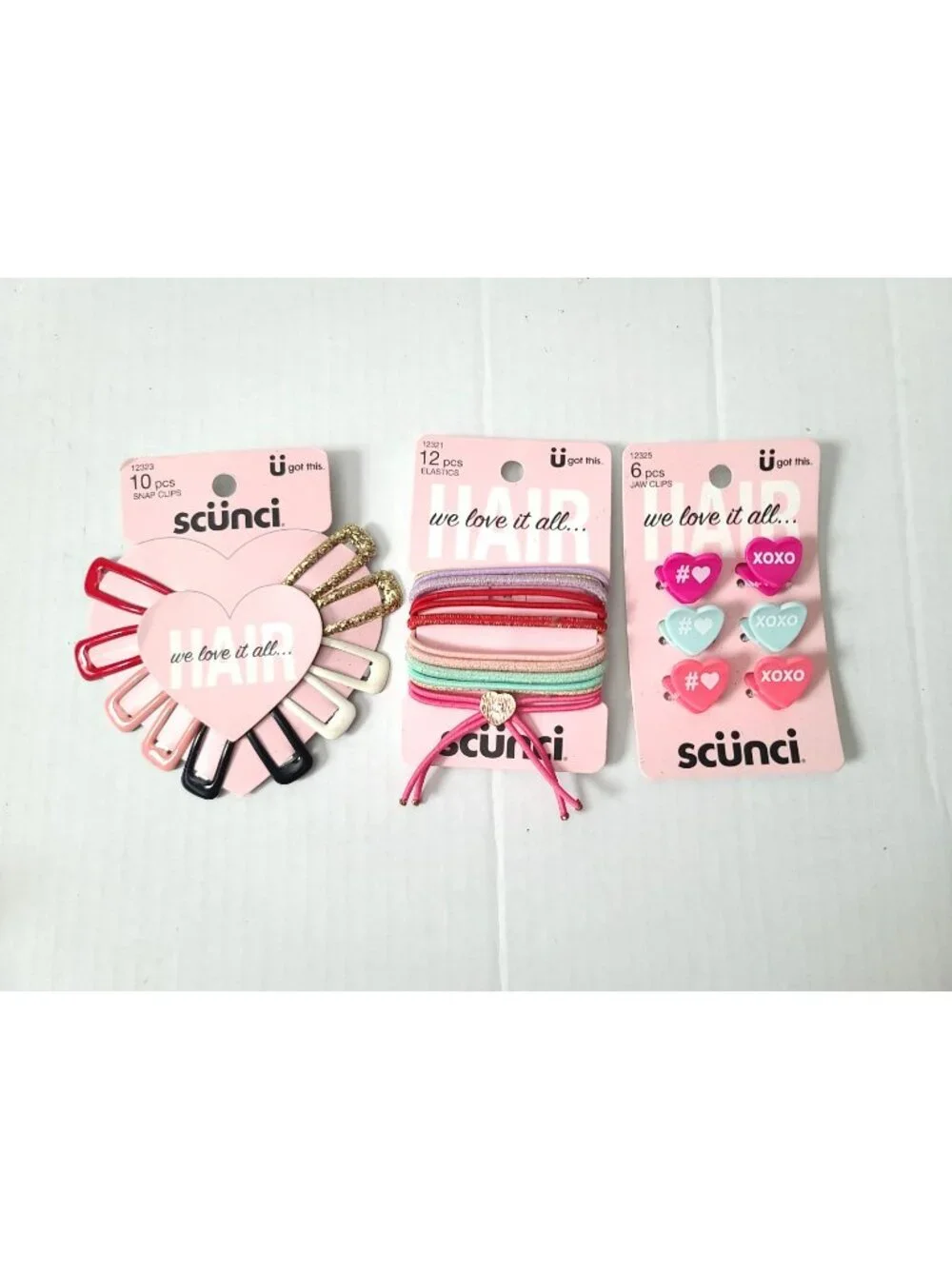 Scunci Mixed Lot 6pc Mini Heart Jaw Clips, 10pc Snap Clips, 12 pc Elastic NEW